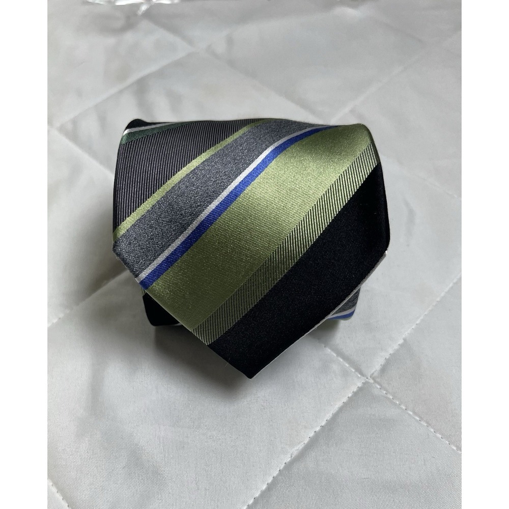 Geoffrey Beene Silk Tie Green Gray Black Blue Diagonal Stripe Mens Necktie